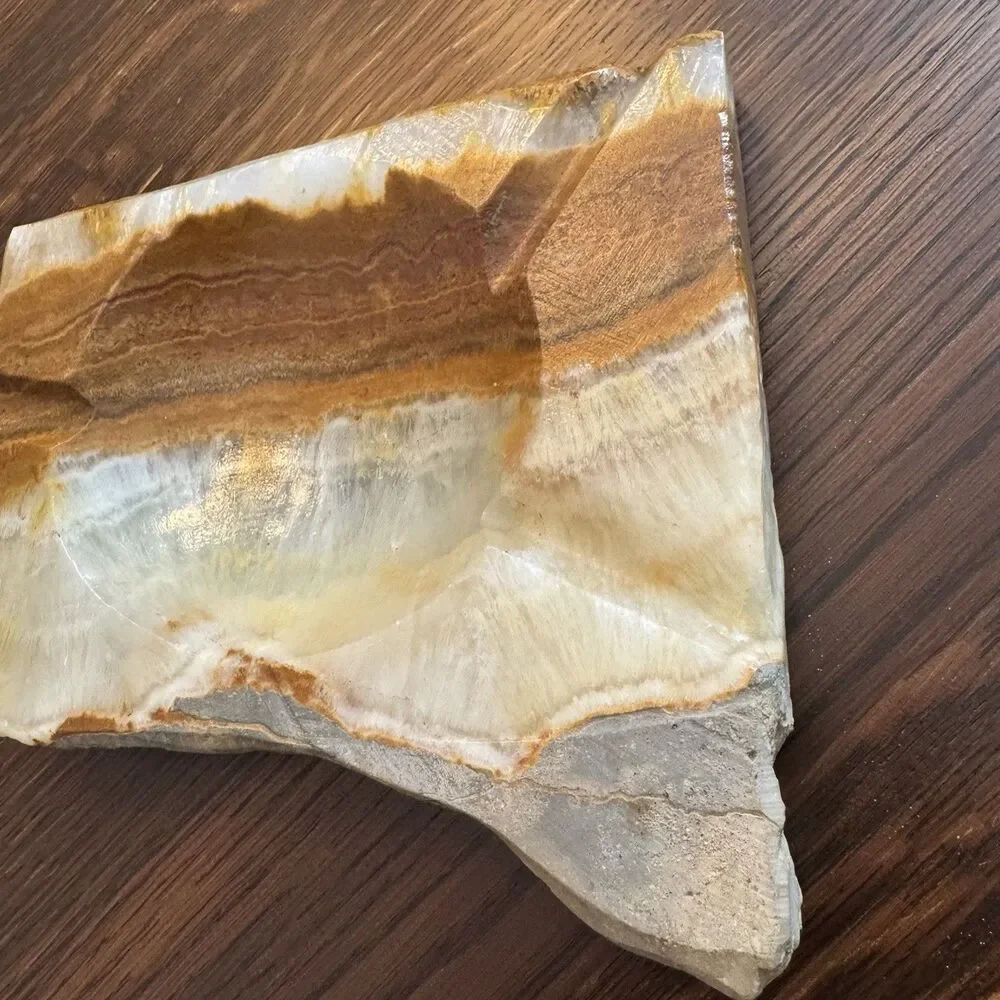 Vintage Stone Onyx Ashtray 8” x 6” Brown Cream Banded Mineral MCM Decor
